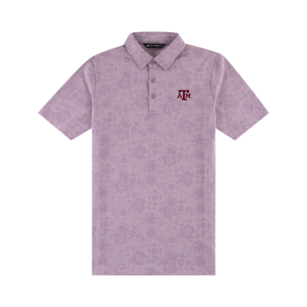 Maroon floral polo with maroon ATM logo on left side of the chest.