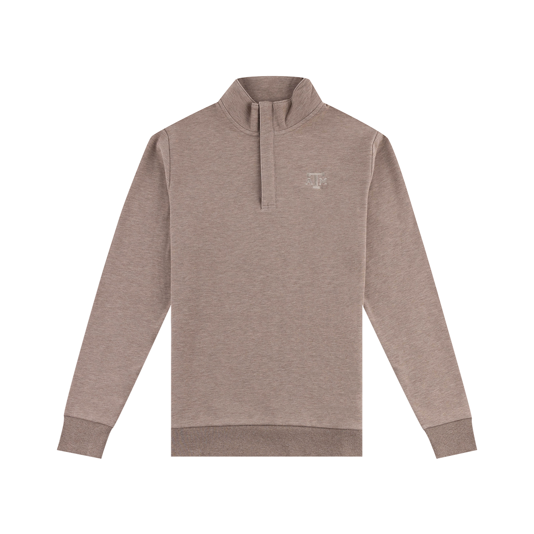 Tan quarter zip with tan ATM logo on the left side of the chest.