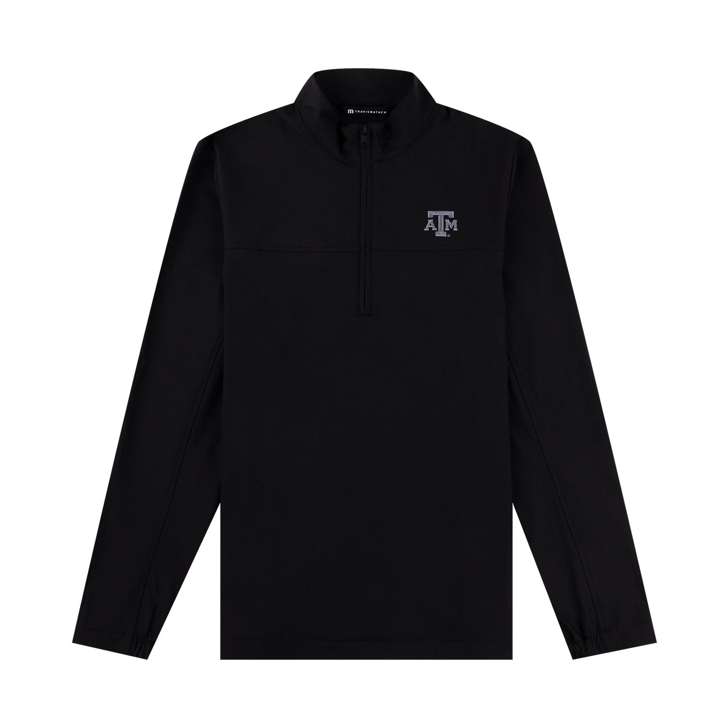 Black quarter zip with silver ATM logo on the left side of the chest