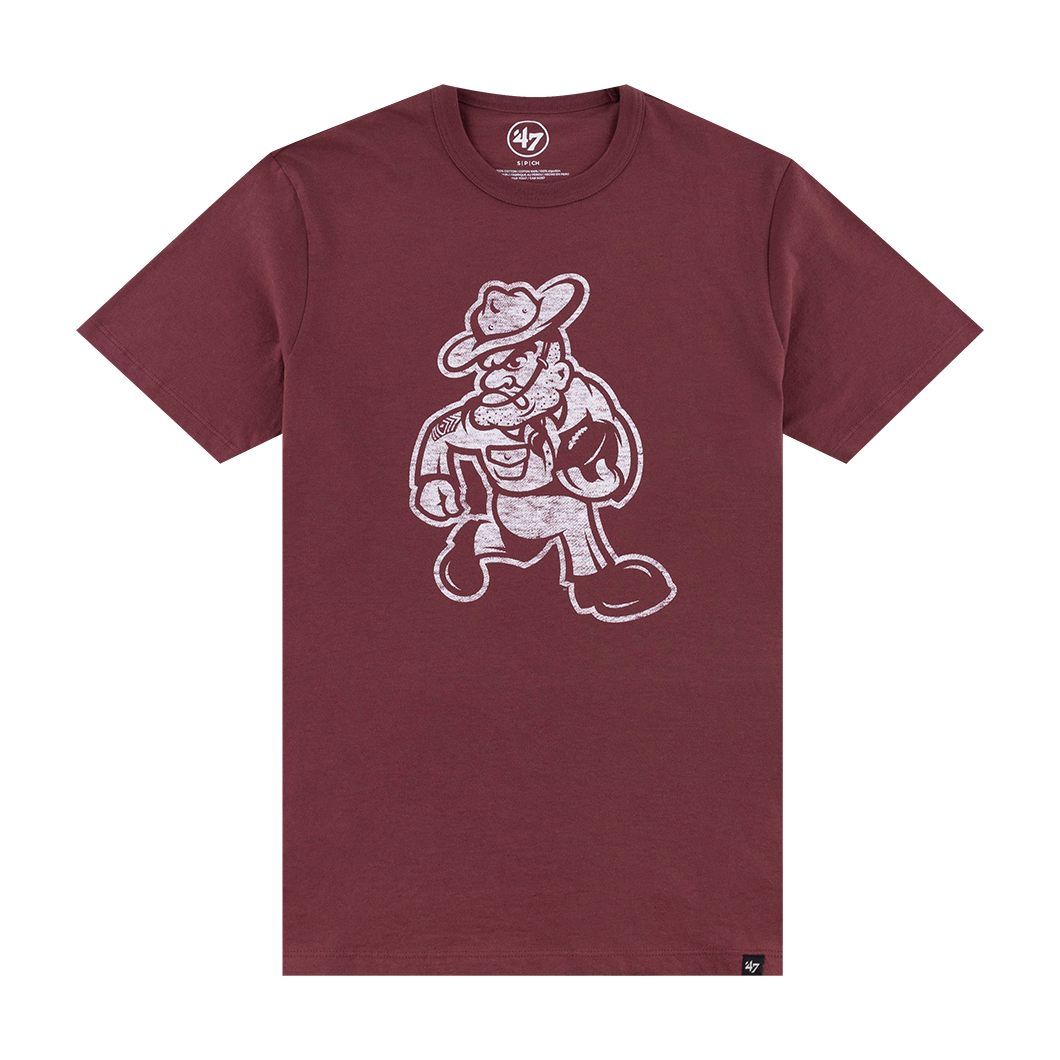 Maroon t-shirt with a white graphic of Ol' Sarge carrying a football.