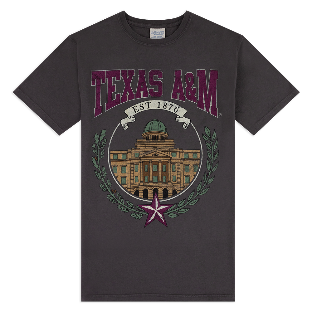 Gray t-shirt with a picture of the Academic Building and "TEXAS A&M" in maroon