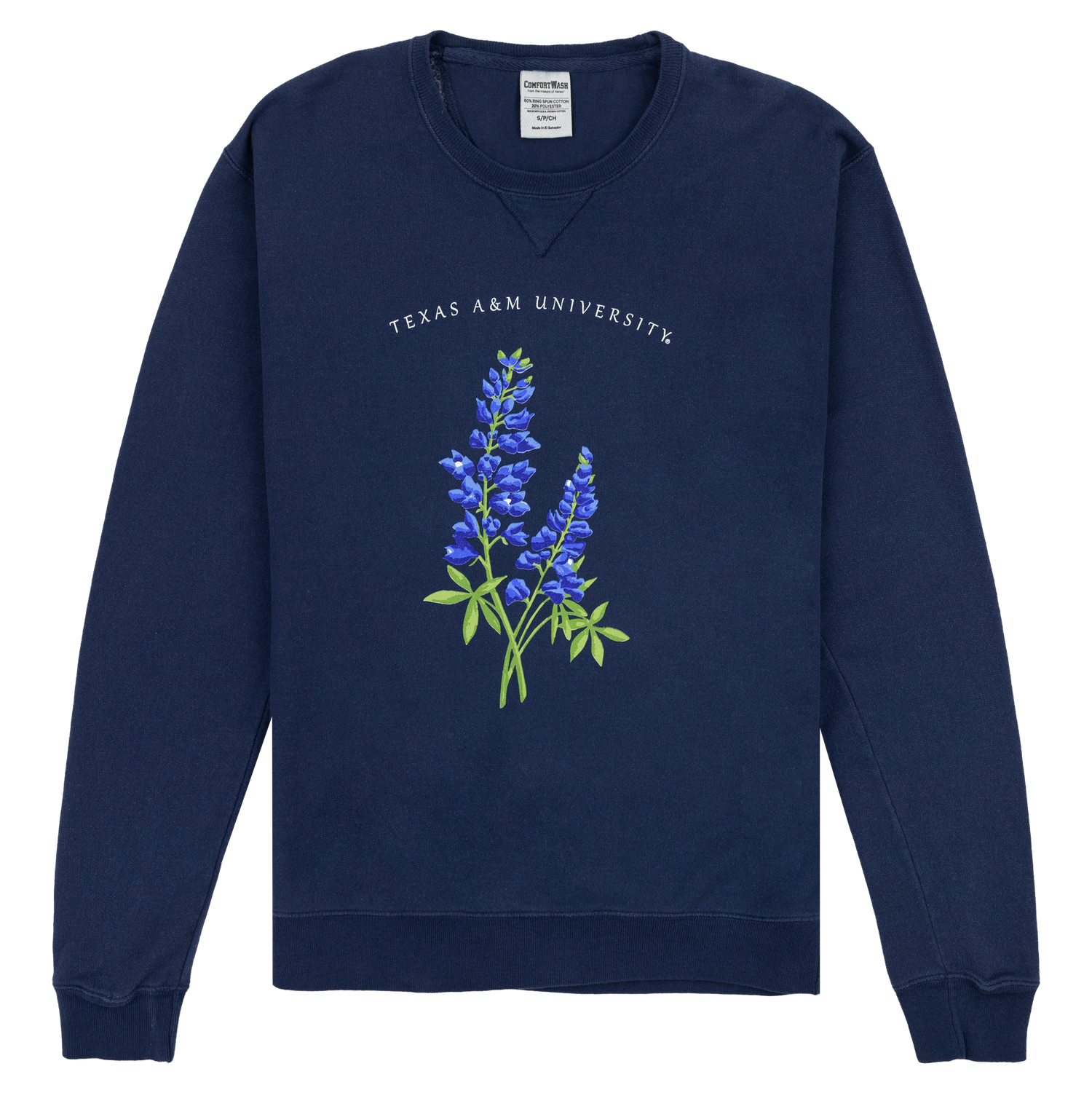 Navy Sweatshirt with Bluebonnets and "TEXAS A&M UNIVERSITY" text 