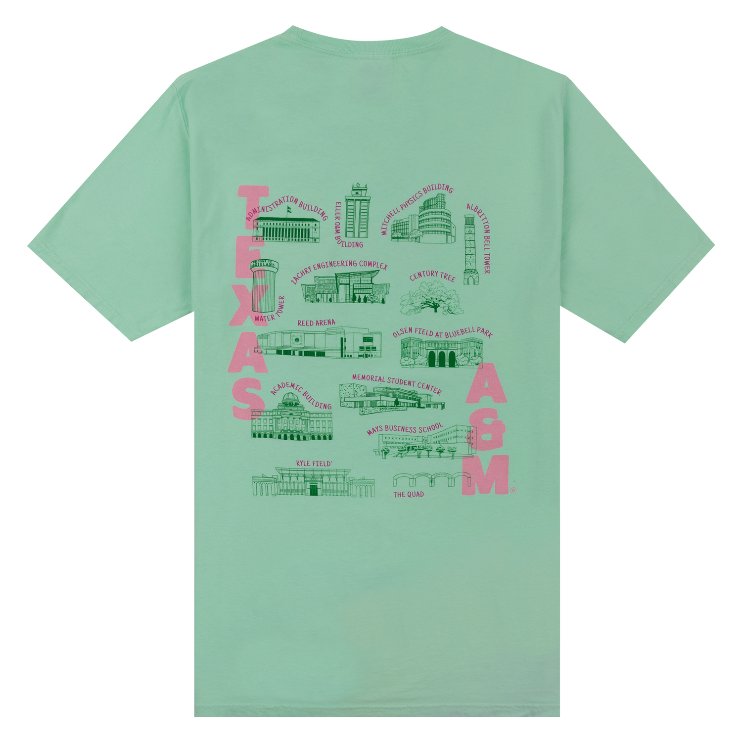 A light green tshirt with dark green A&M buildings printed on the back. TEXAS A&M is printed in baby pink letters going vertically down each side of the shirt.