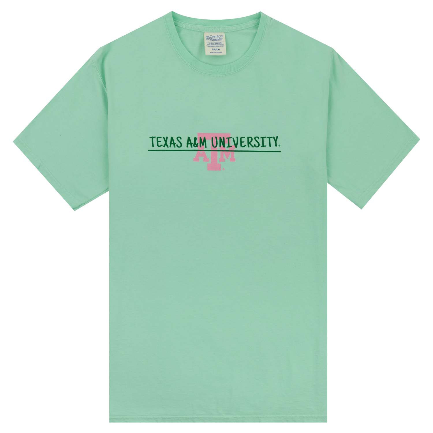 A light green tshirt with a baby pink A&M logo printed on the front. On top of this logo is "TEXAS A&M UNIVERSITY" printed in dark green block letters. 