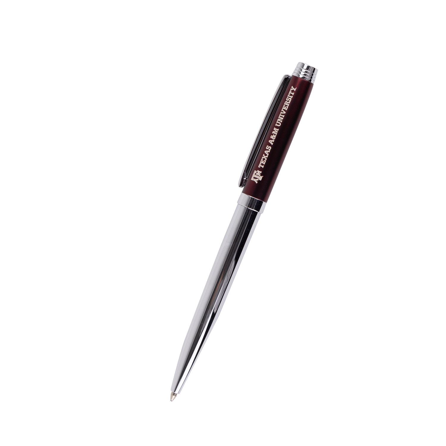 Silver and maroon ballpoint ben with "TEXAS A&M UNIVERSITY" in white