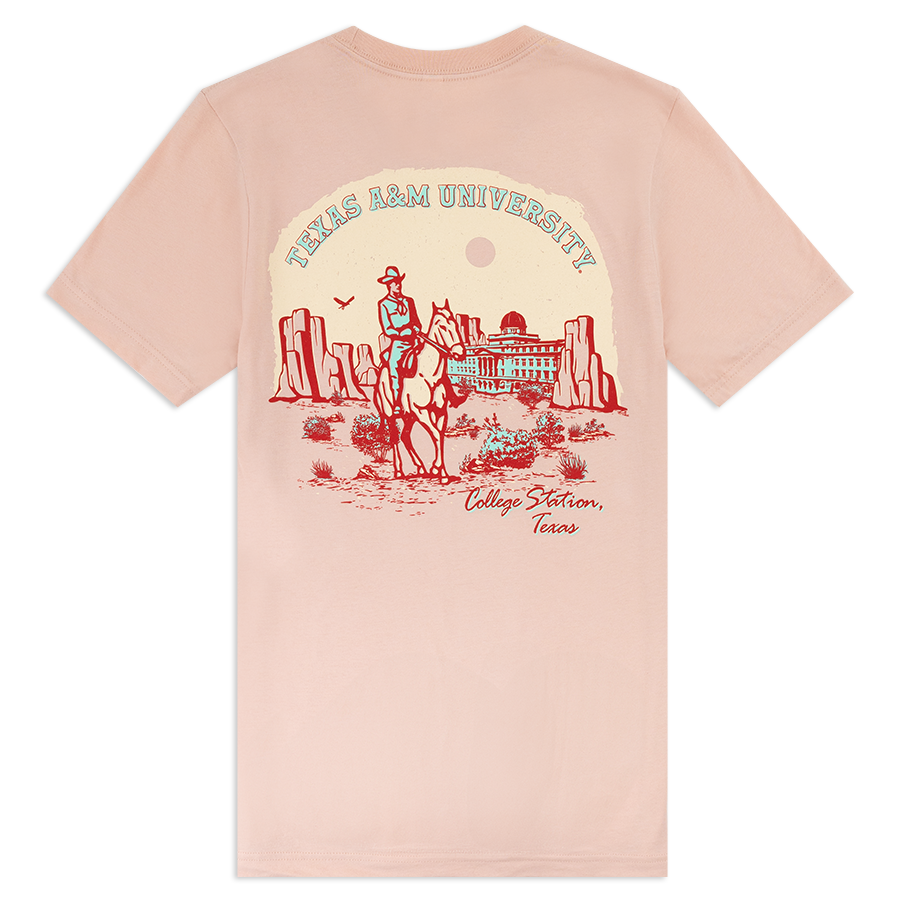 Peach shirt with cowboy design and "Texas A&M University" text