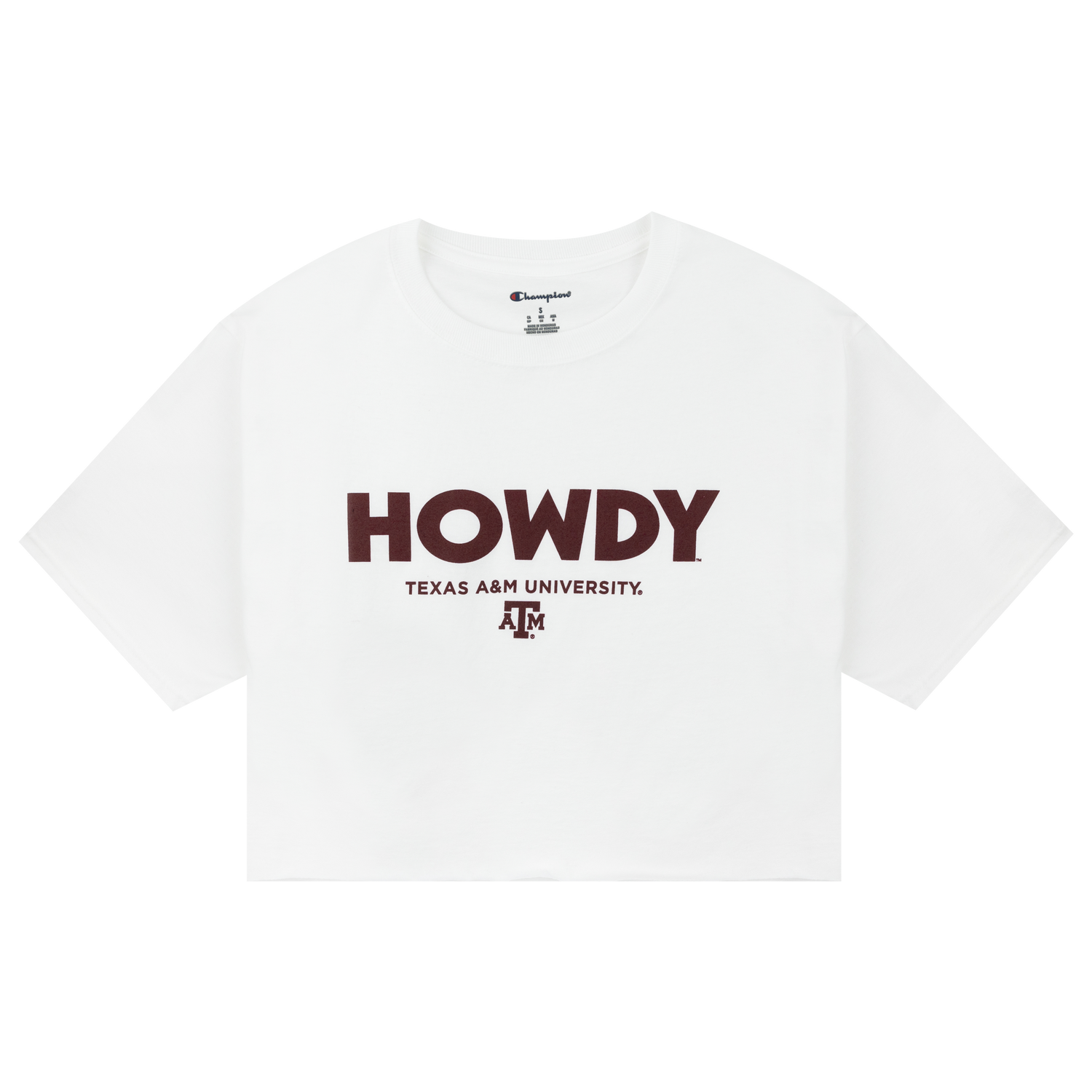 White Crop top with "HOWDY TEXAS A&M UNIVERSITY" text