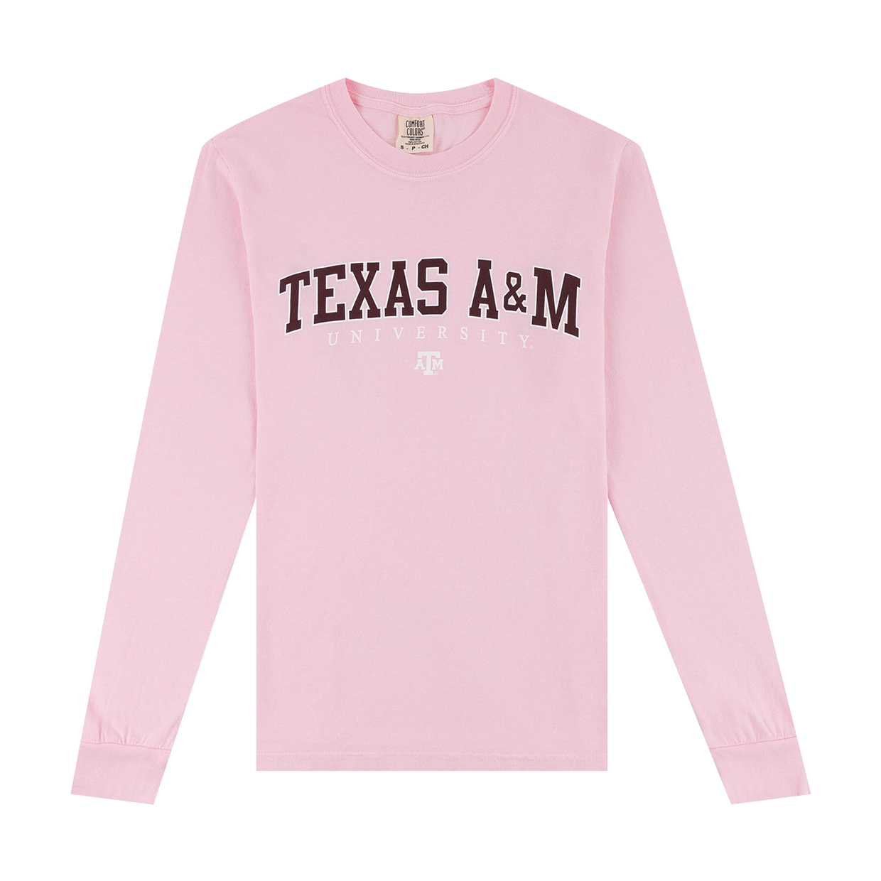 Pink long sleeve tee with "Texas A&M University" in maroon and white