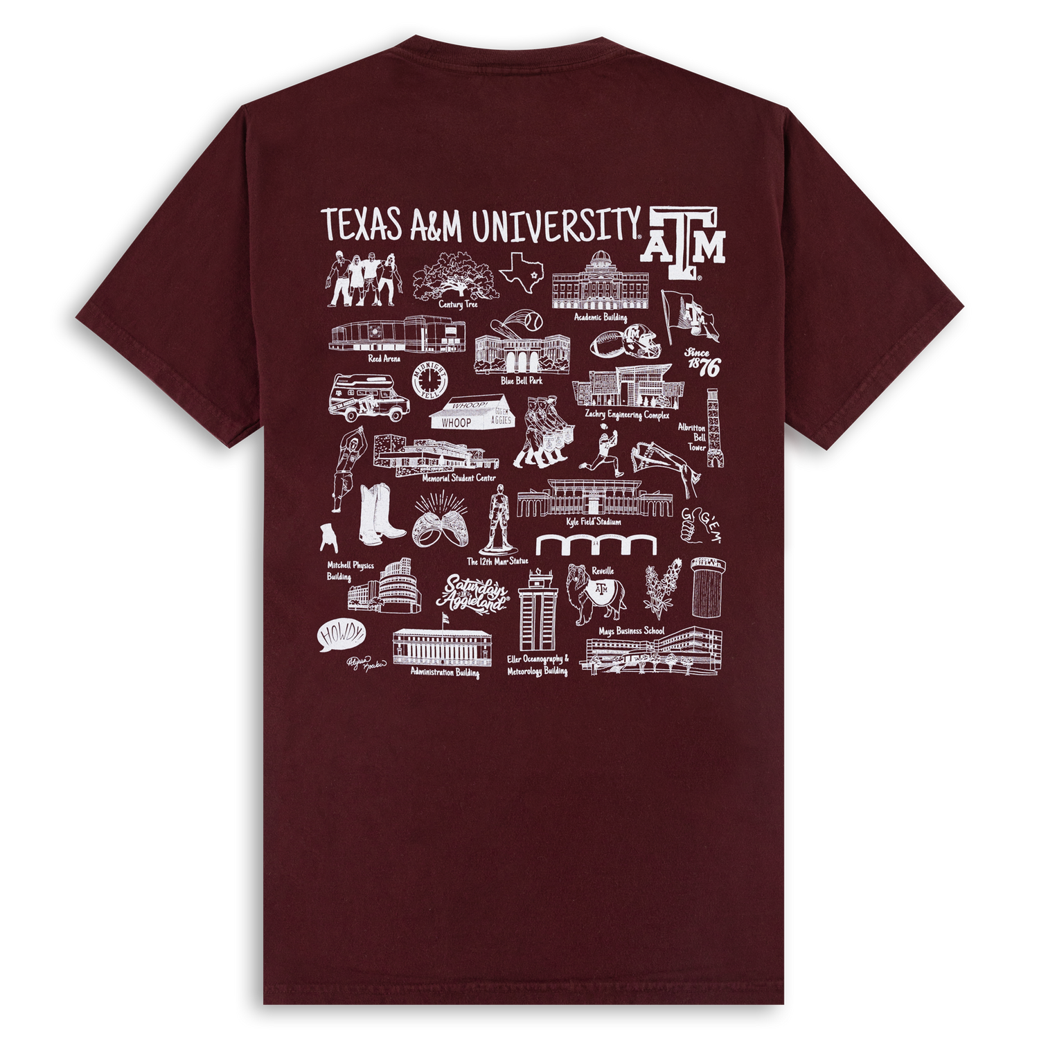 Maroon t-shirt with white "TEXAS A&M UNIVERISTY " and traditions designs