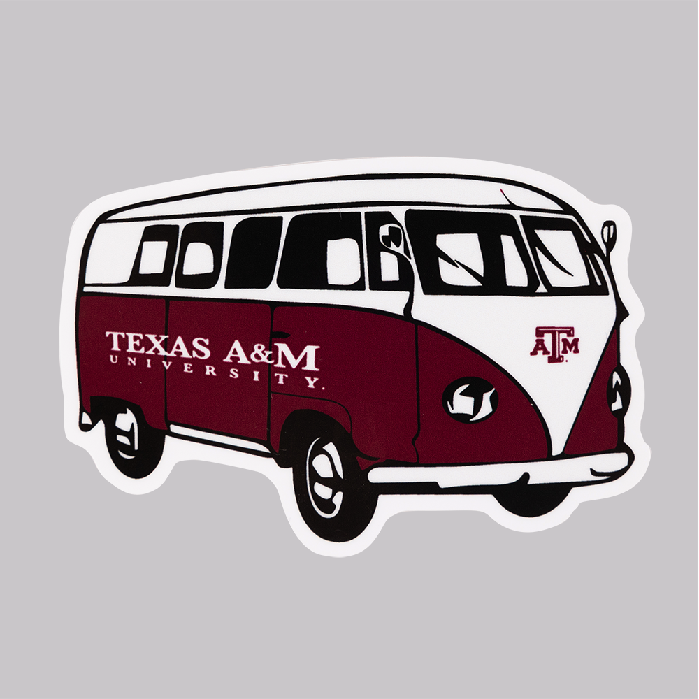 Maroon VW Bus with TEXAS A&M UNIVERSITY" text on the side