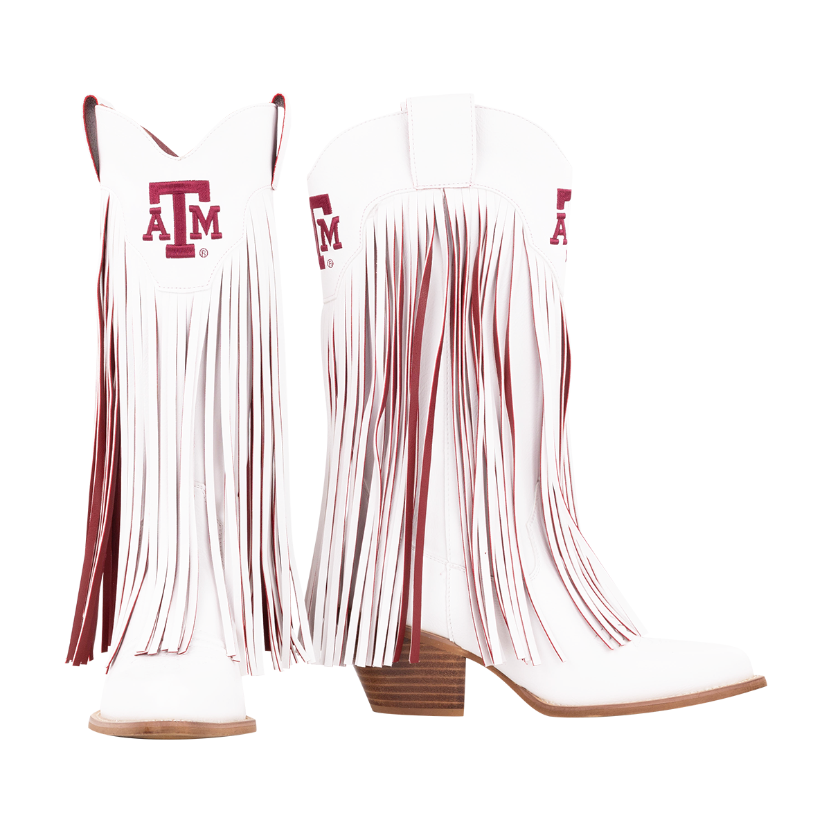 White fringe boots with underside of fringe being maroon. Maroon ATM logo on the front