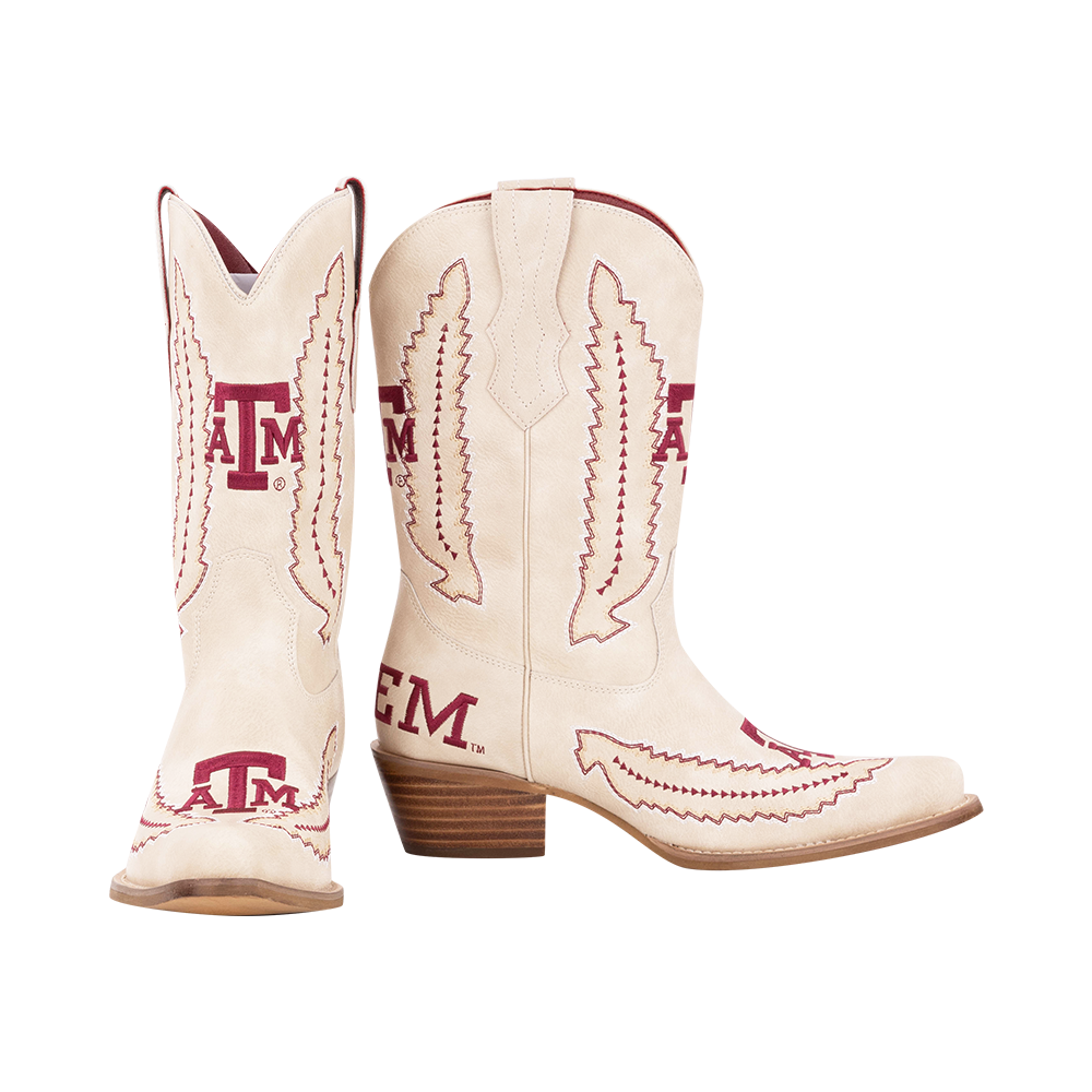 Cream boots with maroon stitching of ATM logos