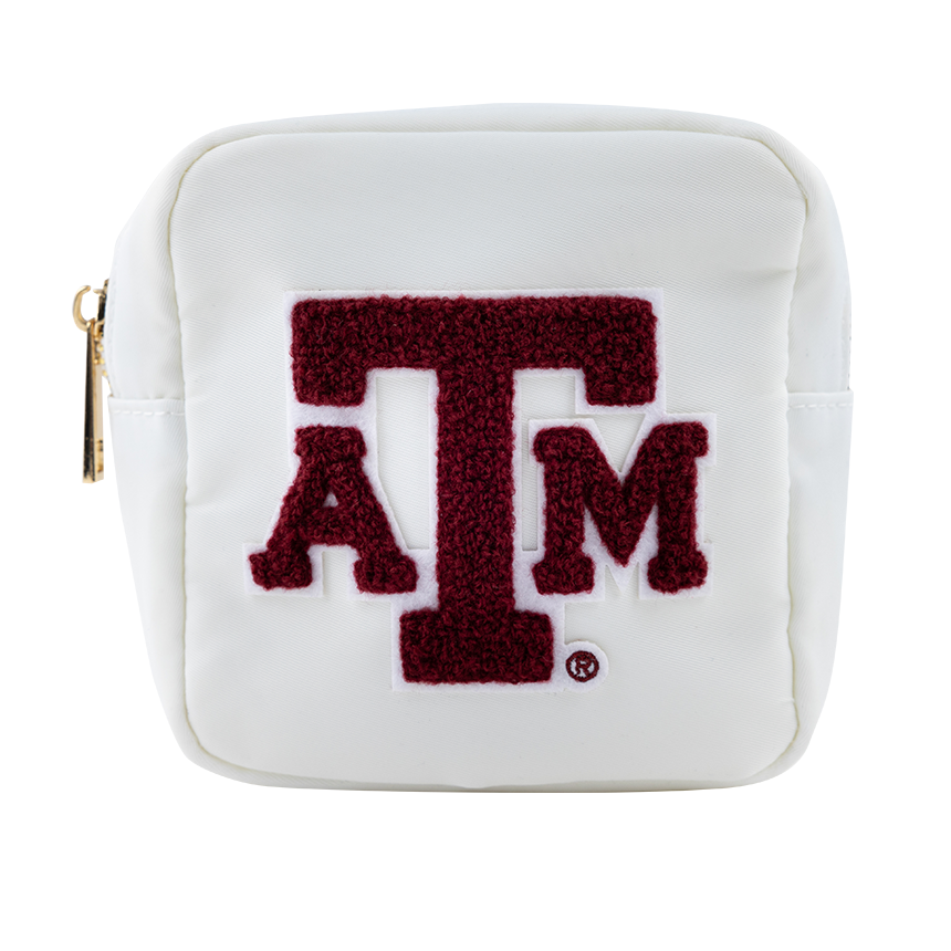 White pouch with maroon ATM patch