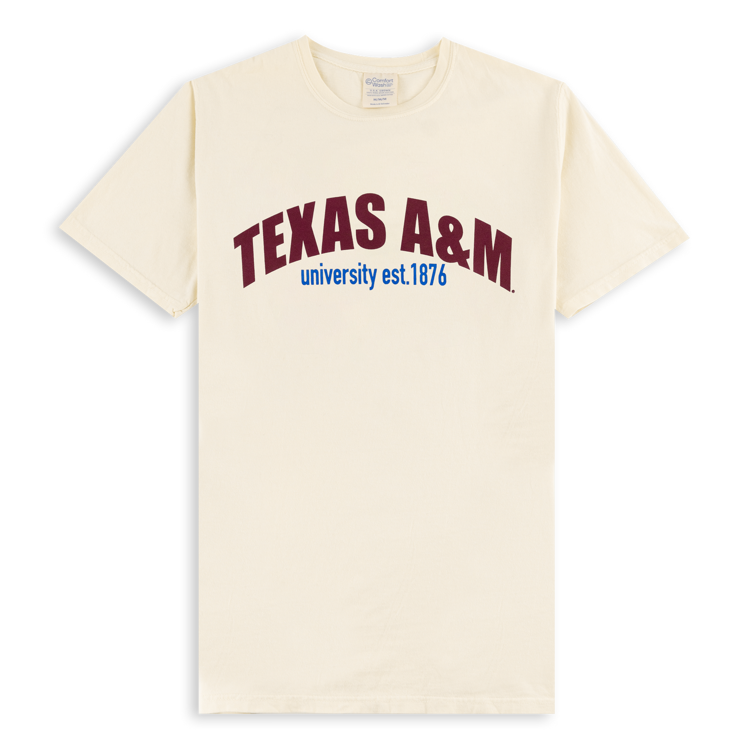 A cream tshirt with maroon Texas A&M letters written across the front with blue block letters spelling university est. 1876 written below