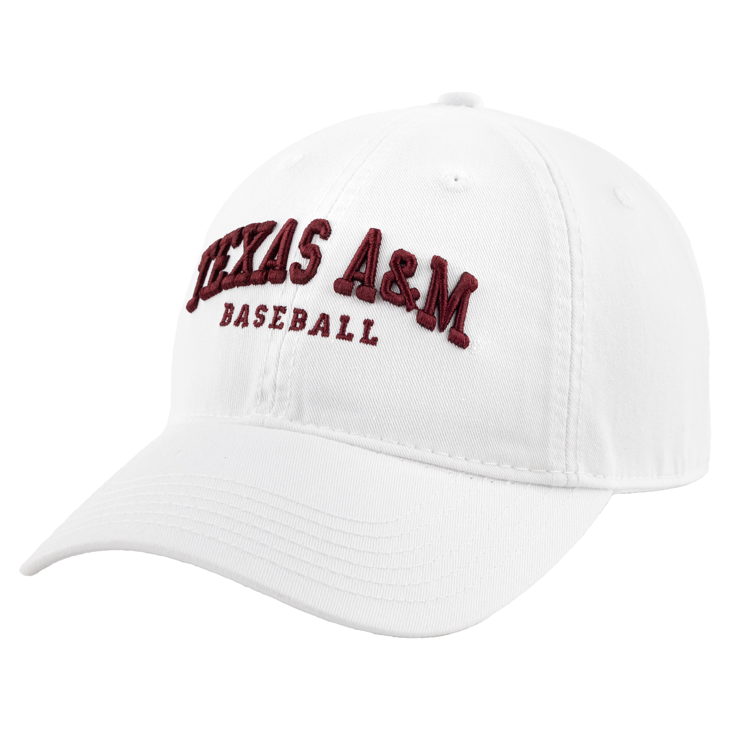 White cap with maroon TEXAS A&M BASEBALL text