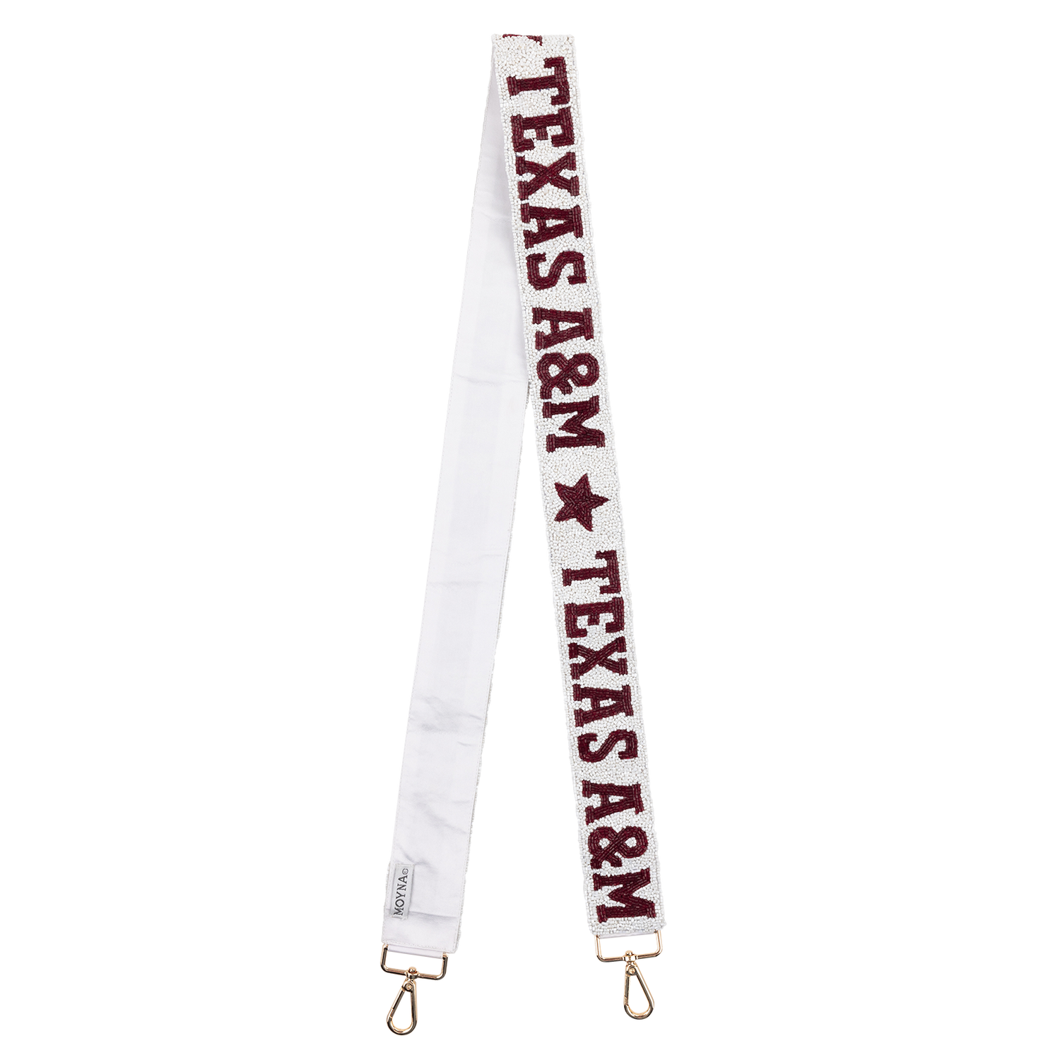 White beaded purse strap with maroon beads spelling out "TEXAS A&M" and stars 