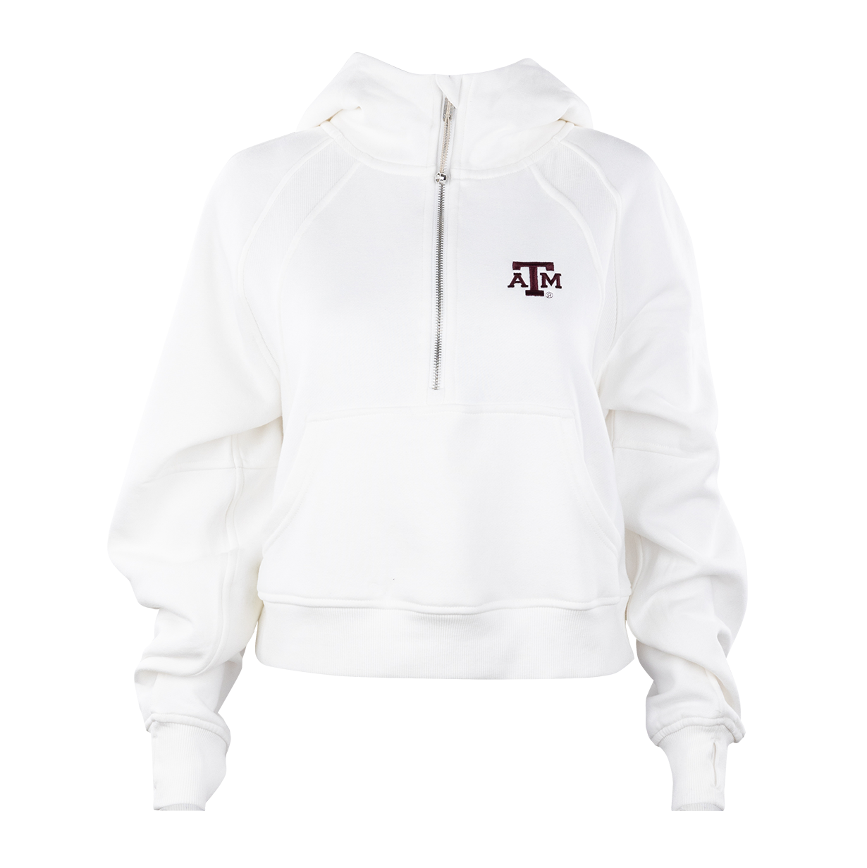 A white half zip hoodie with a maroon A&M logo embroidered on the left chest. The zipper hardware is silver