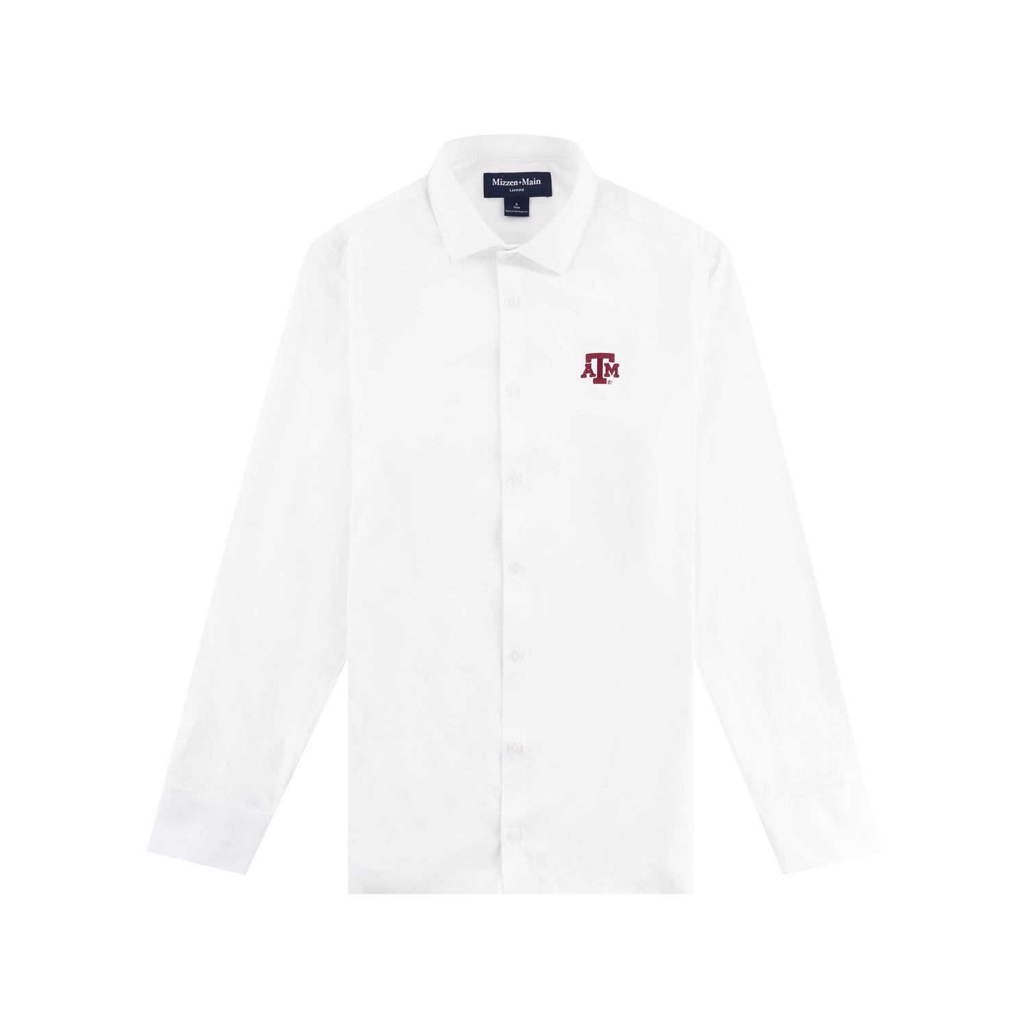 White button down with maroon ATM logo on the left side of the chest.