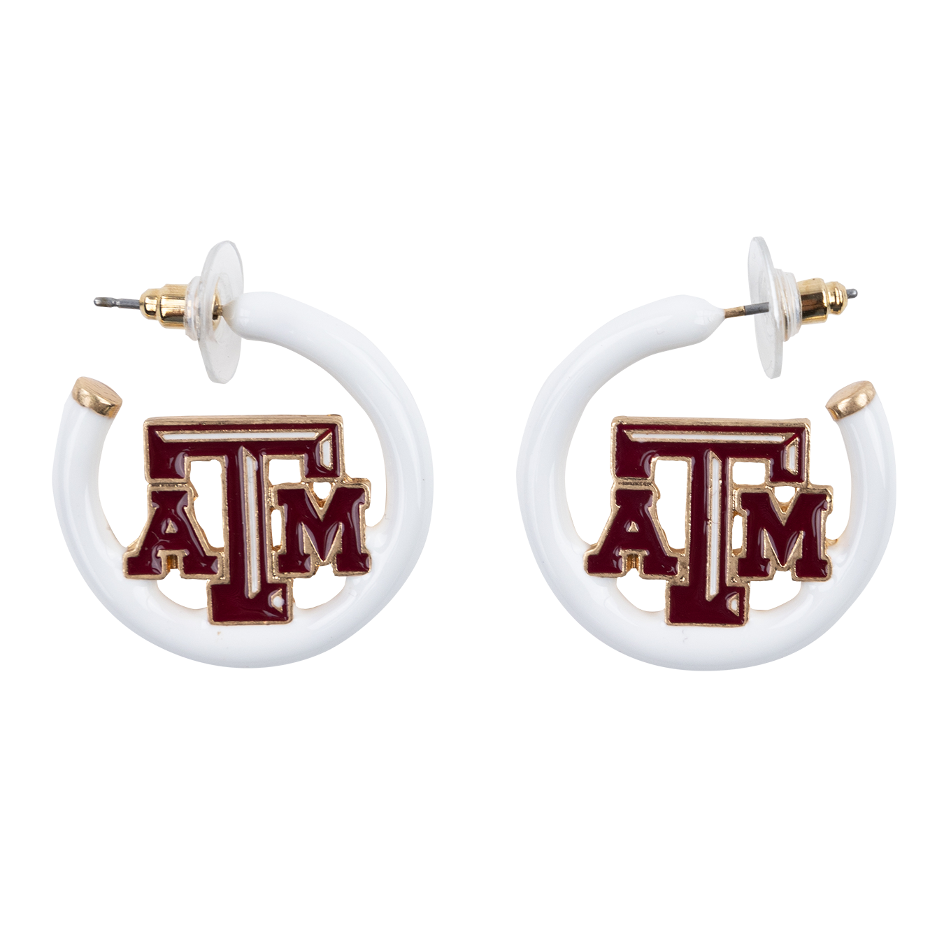 White hoop style earrings with a maroon A&M logo in the center. the logo is outlined in gold and the end of the open hoop is gold