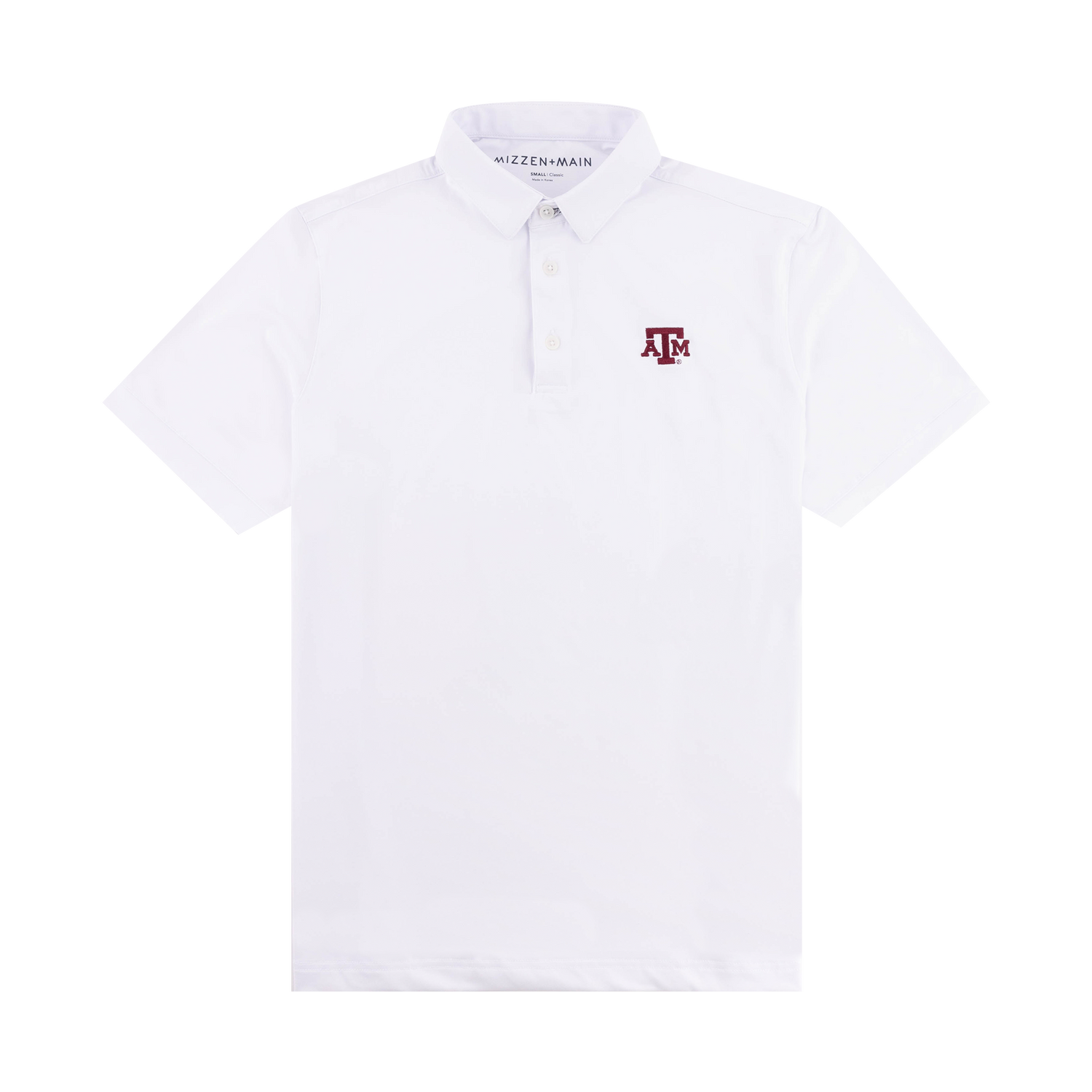 White polo with maroon ATM logo on the left side of the chest.