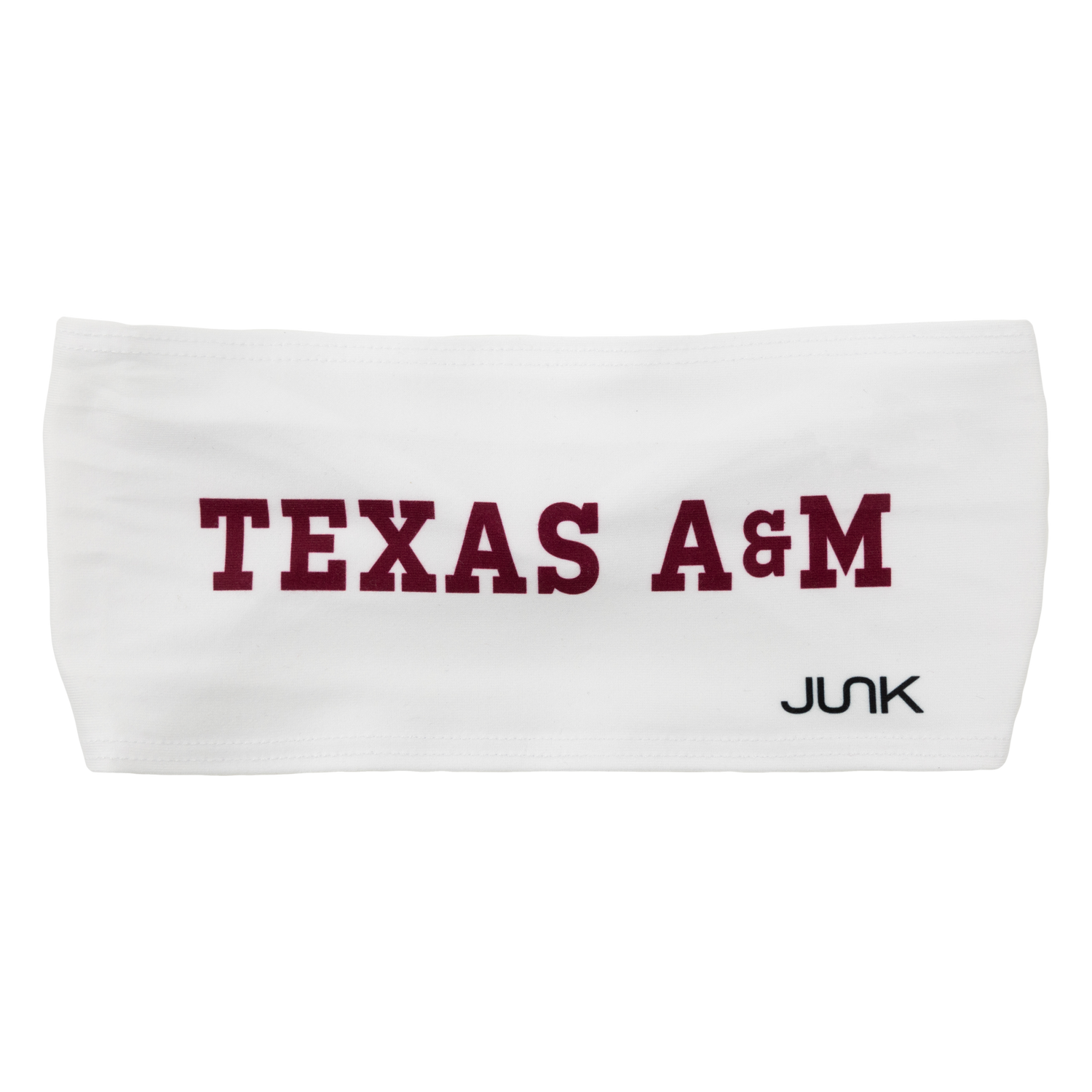 A white stretchy headband. "TEXAS A&M" is printed in maroon block letters on the front. 