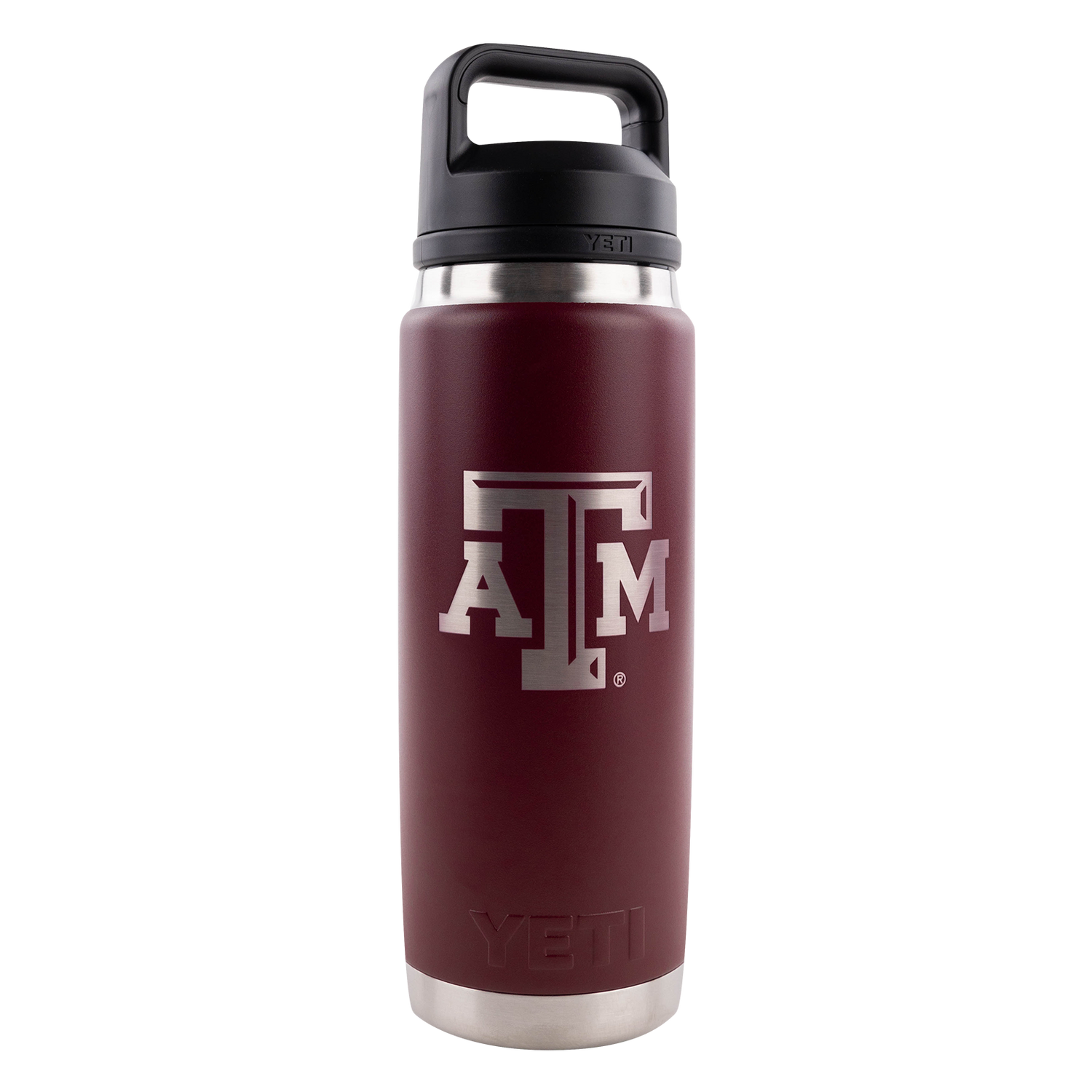 Maroon Yeti bottle with silver, beveled ATM logo.