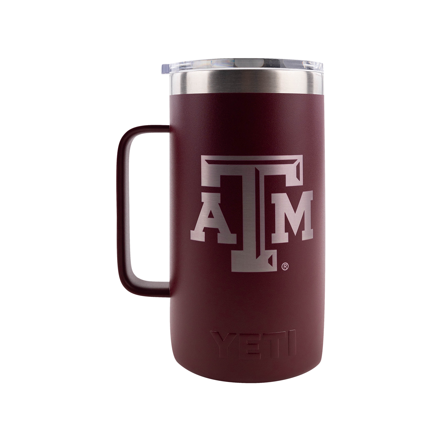 Maroon Yeti mug with silver, beveled ATM logo.