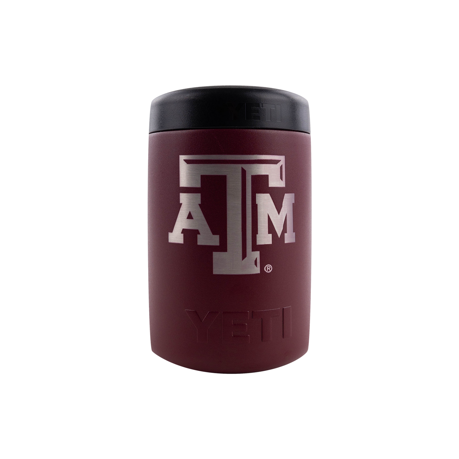 Maroon YETI koozie with silver, beveled ATM logo.