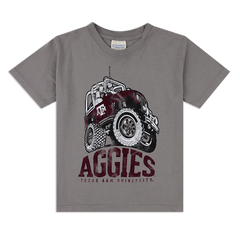 A grey youth comfort colors tshirt with a big maroon car logo with 'AGGIES' printed in maroon block letters underneath 