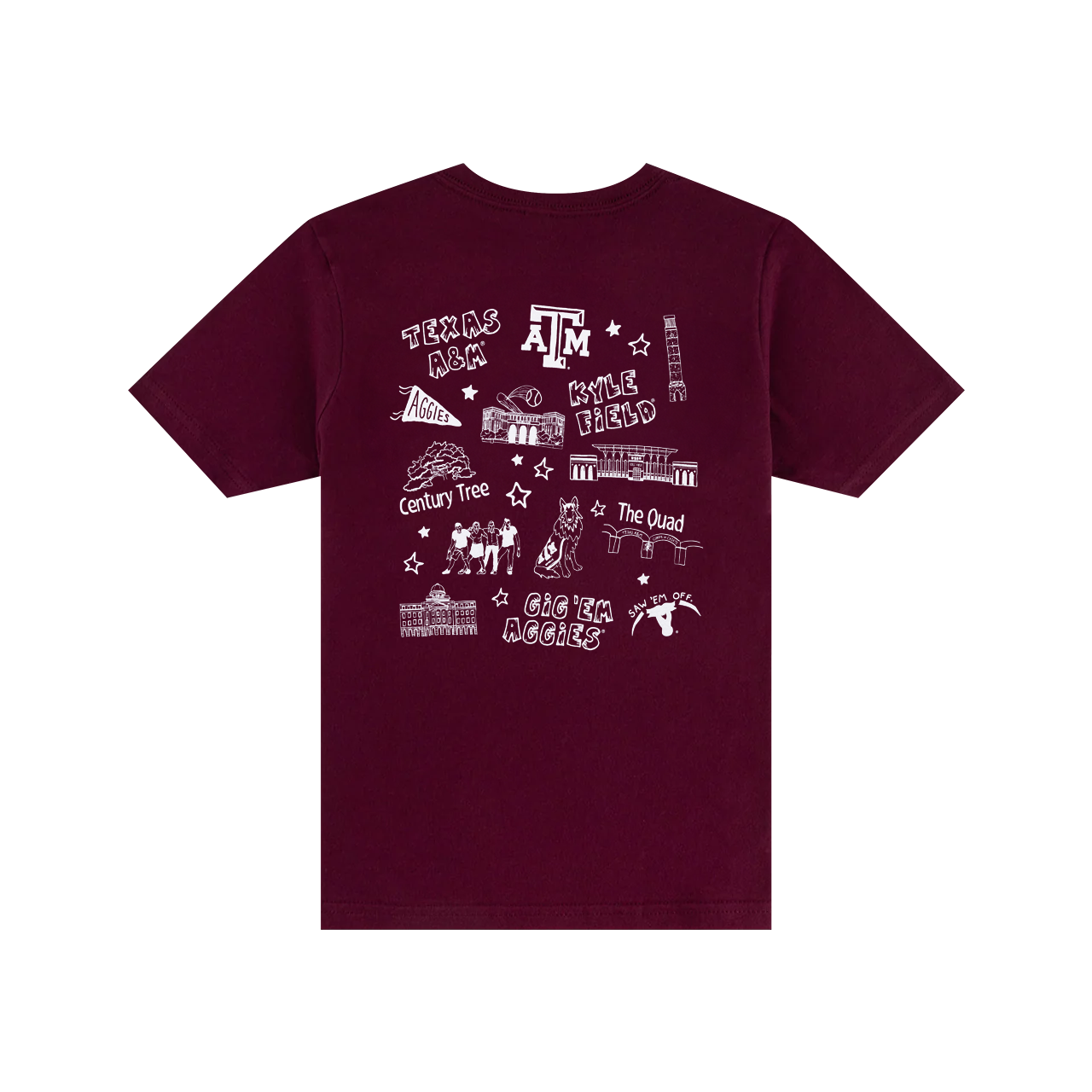 Maroon t-shirt with Texas A&M symbols on the back of the tee