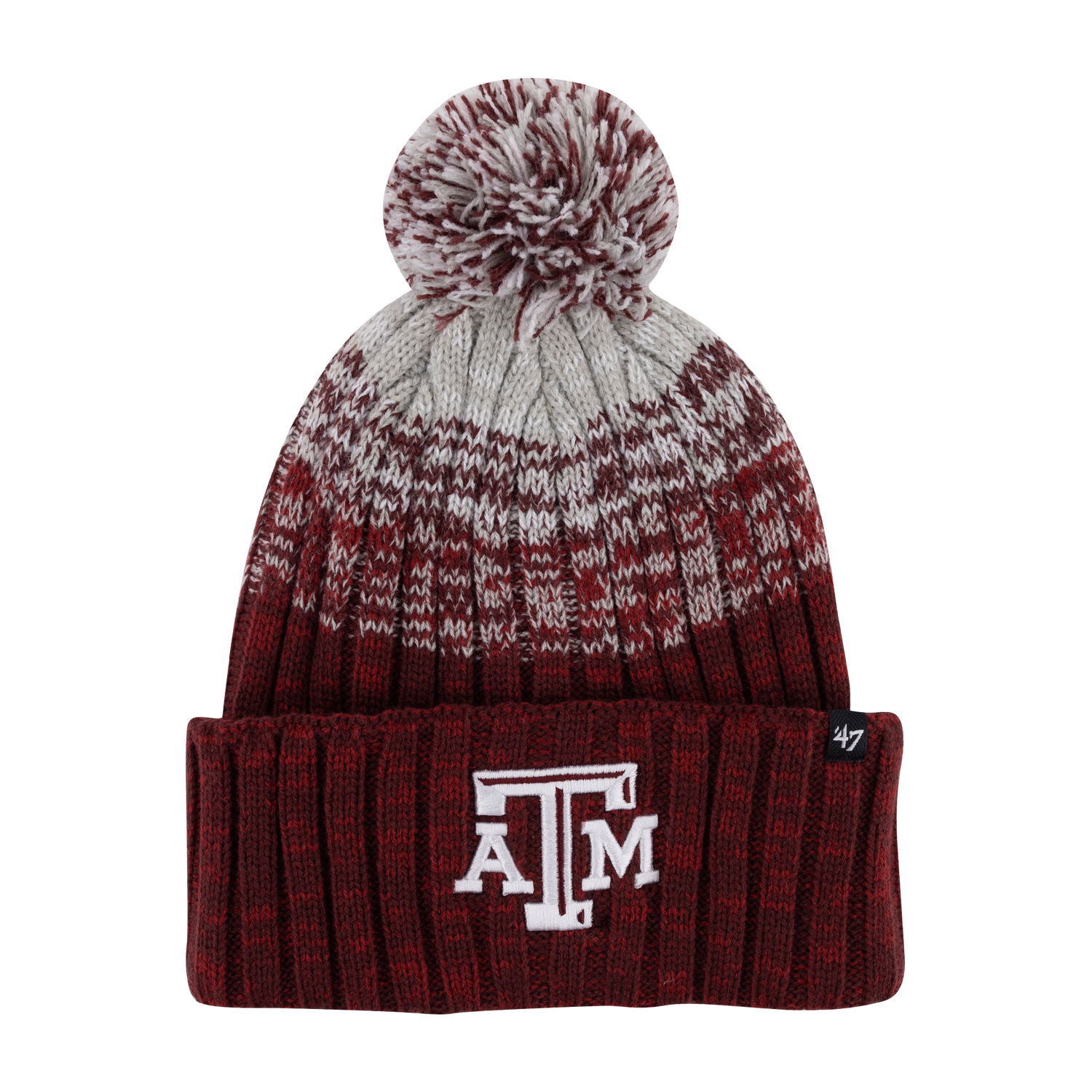 Maroon and gray beanie with pom pom and white, beveled ATM logo.