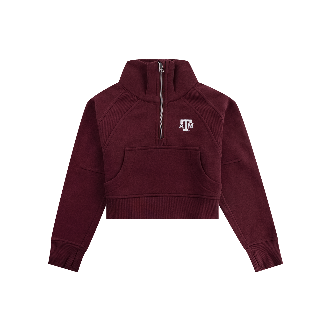 Maroon youth cropped quarter zip with white ATM logo on the left side of the chest.