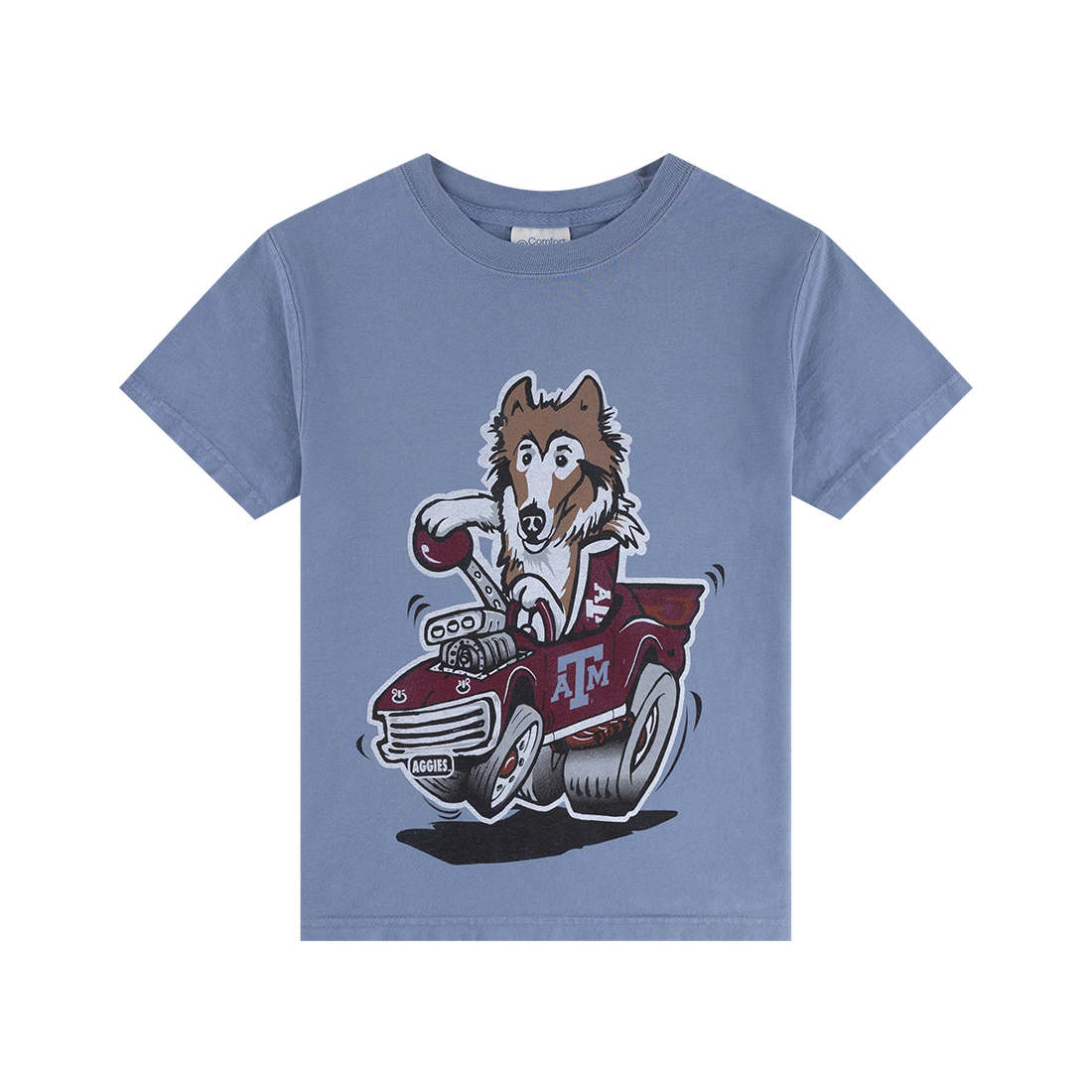 Blue youth t-shirt with Reveille riding a maroon Texas A&M car.