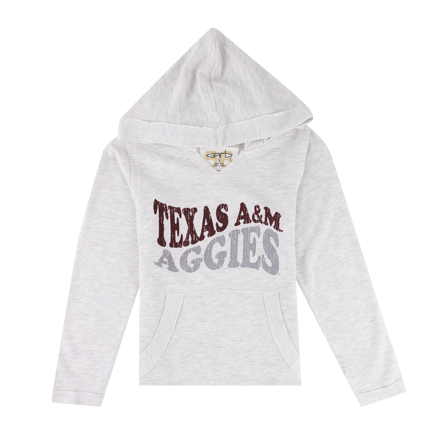 Ivory hoodie with "TEXAS A&M AGGIES" in maroon and gray