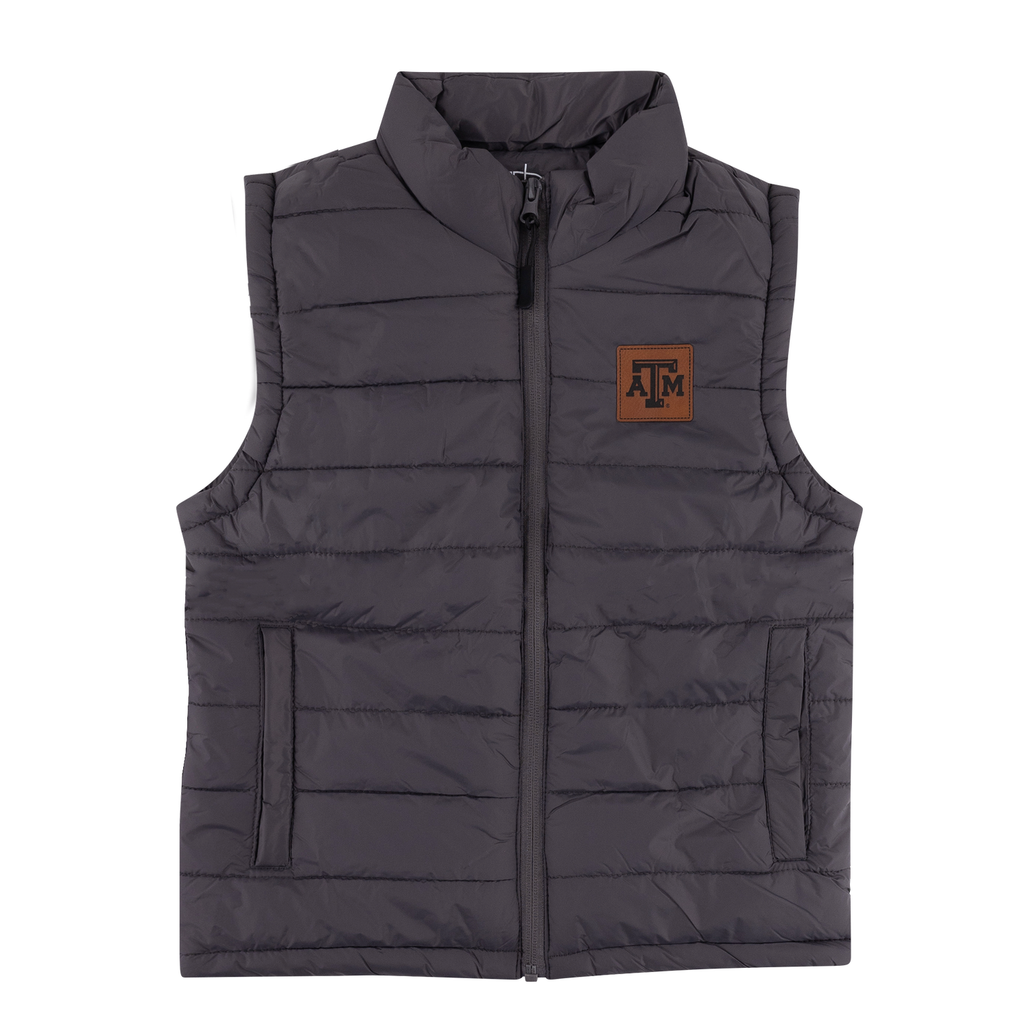 Gray quilted vest with ATM leather patch on the left side of the chest.