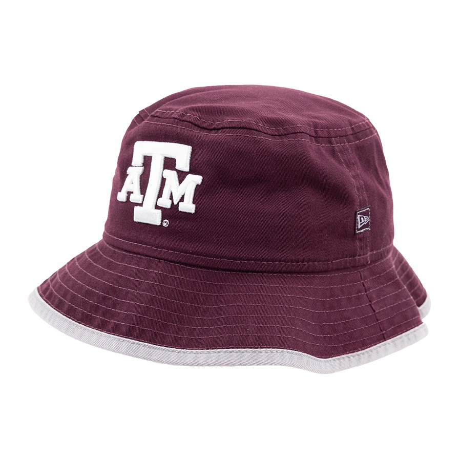 Maroon bucket hat with white ATM logo.