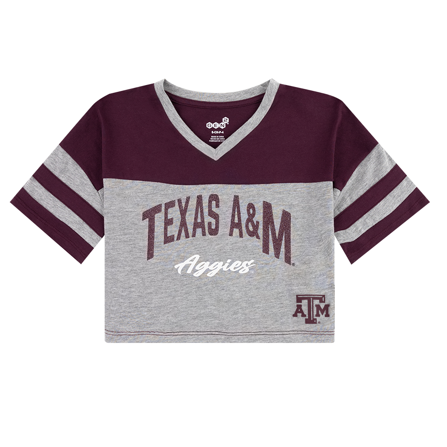 Youth gray tee with "Texas A&M Aggies" in maroon and white. Maroon upper half of tee.