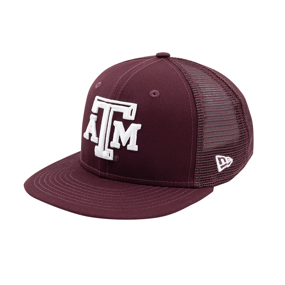 Maroon flatbill hat with mesh backing and a white ATM logo on the front.