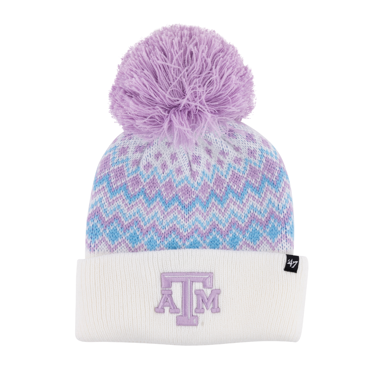 White, blue, and purple beanie with purple pom pom and purple ATM logo.