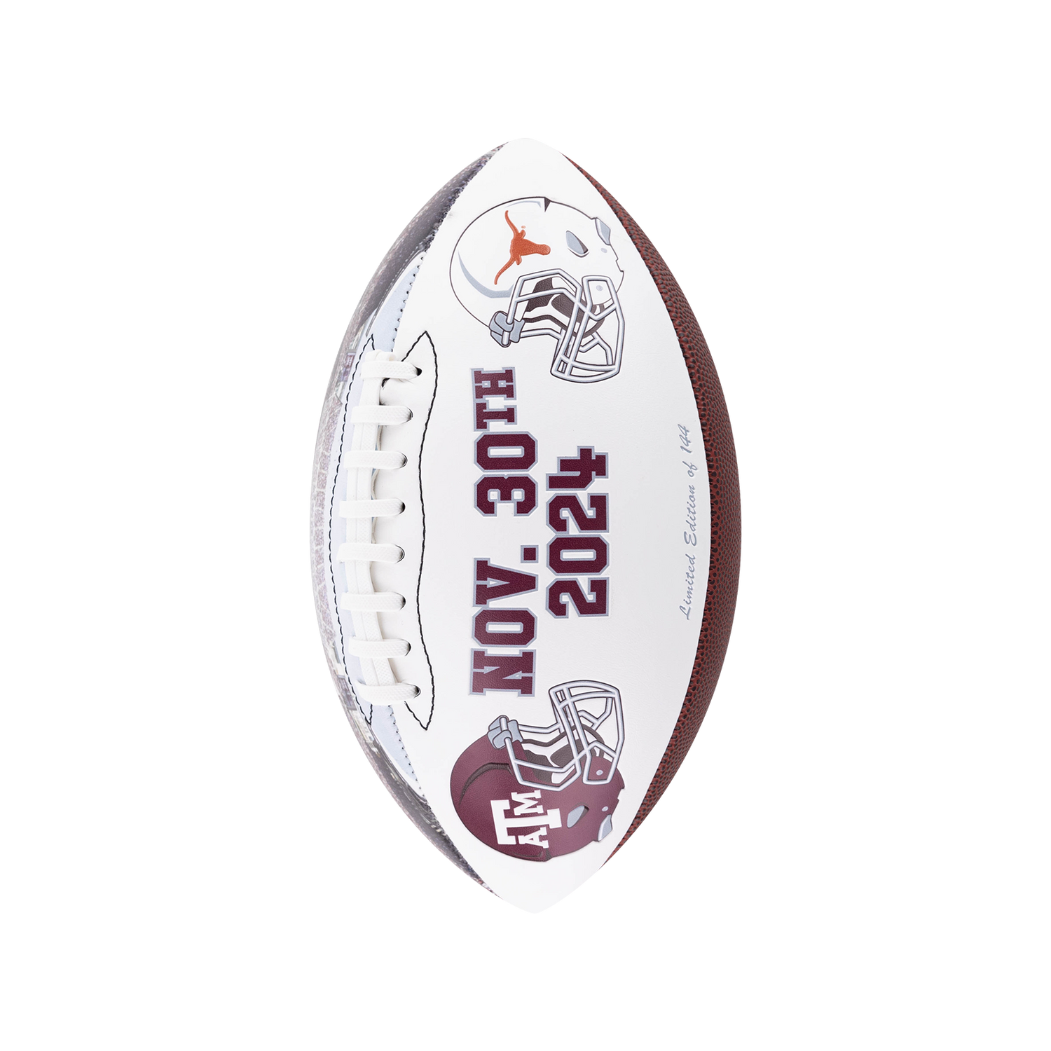 White football with Texas A&M vs Texas and the date of the game.