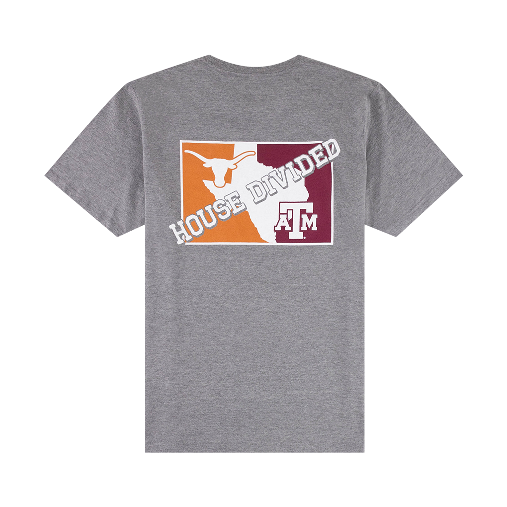 Back of a gray t-shirt with "HOUSE DIVIDED" in white with Texas A&M vs Texas.