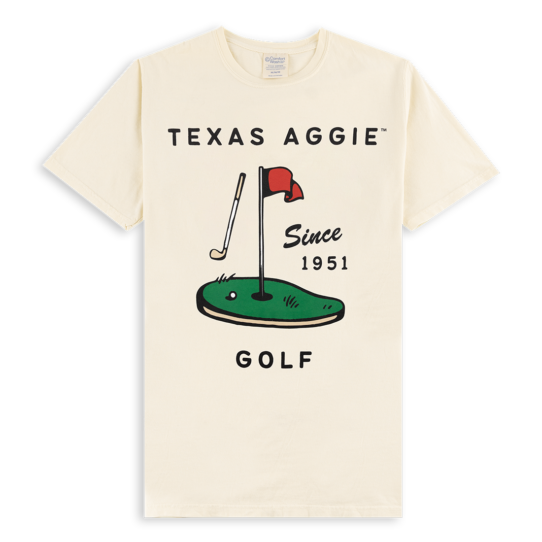 Beige t-shirt with "Texas Aggie Golf" in black with a graphic of golfing