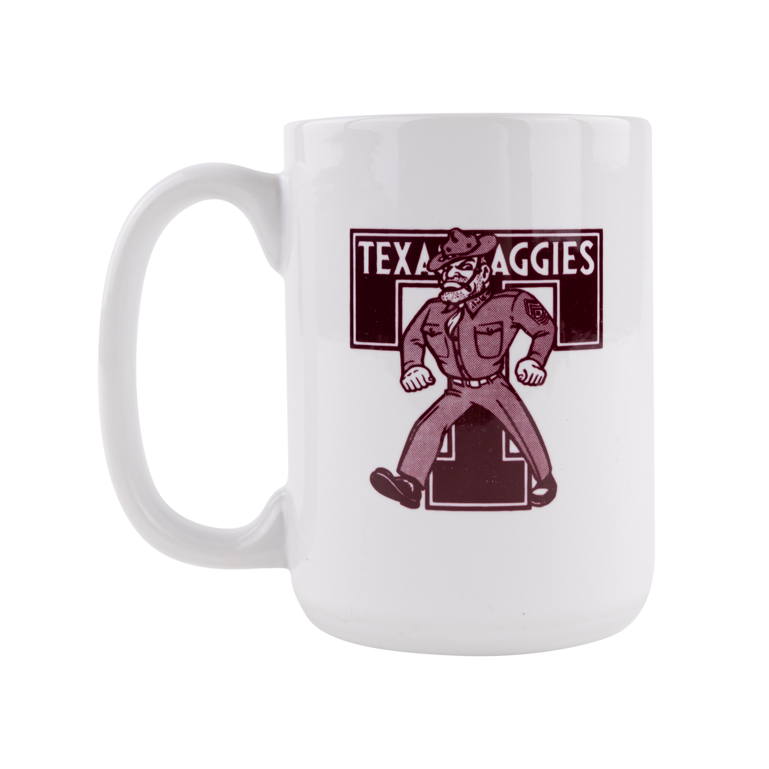 White mug with maroon block T with Ol' Sarge. "TEXAS AGGIES" in white within the block T.