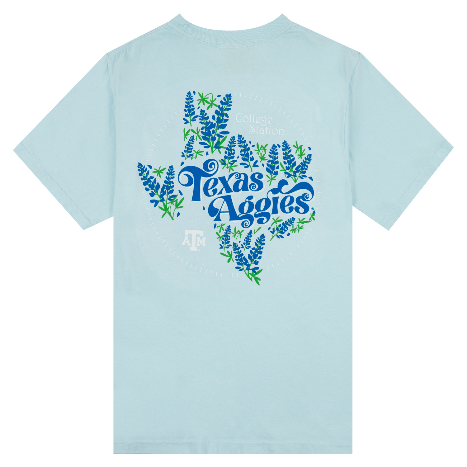 Light blue t-shirt with blue and green bluebonnets in the shape of Texas with "Texas Aggies" text and white ATM logo