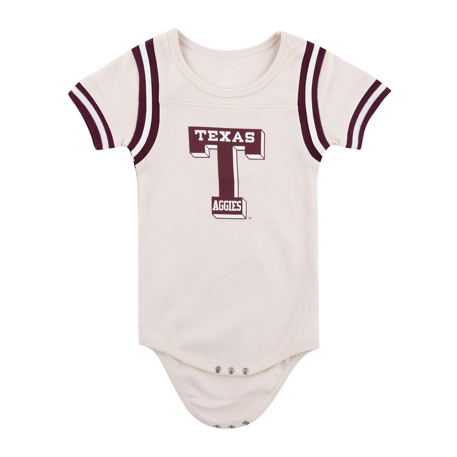 Cream bodysuit with maroon T with "TEXAS AGGIES" in white.