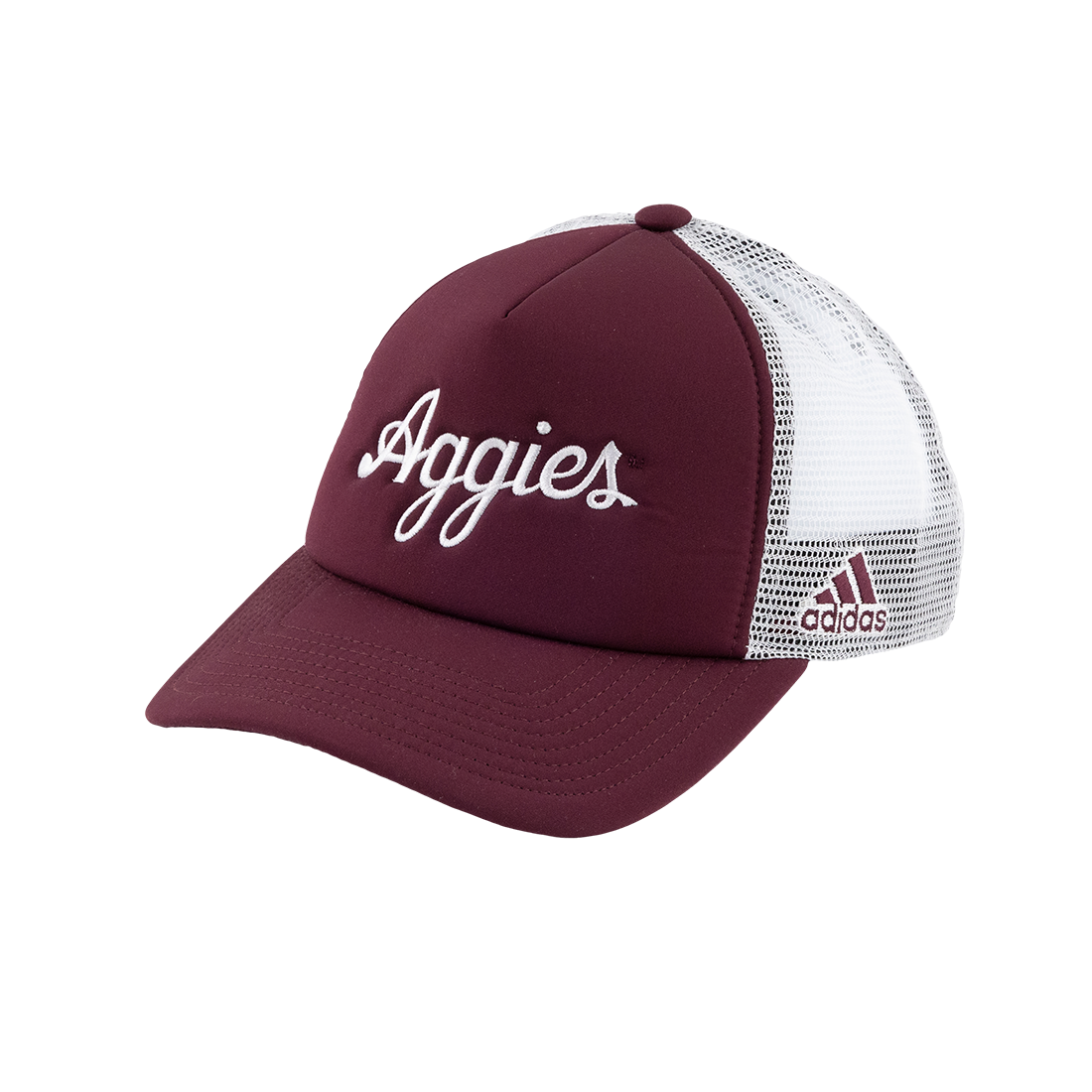 Maroon hat with "Aggies" in white with white mesh backing