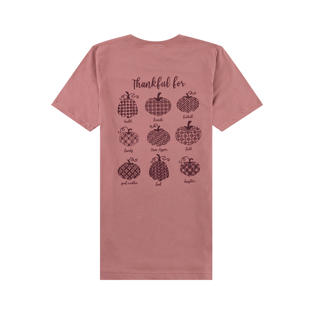 Mauve back of t-shirt with pumpkins of different designs and different things to be grateful for.