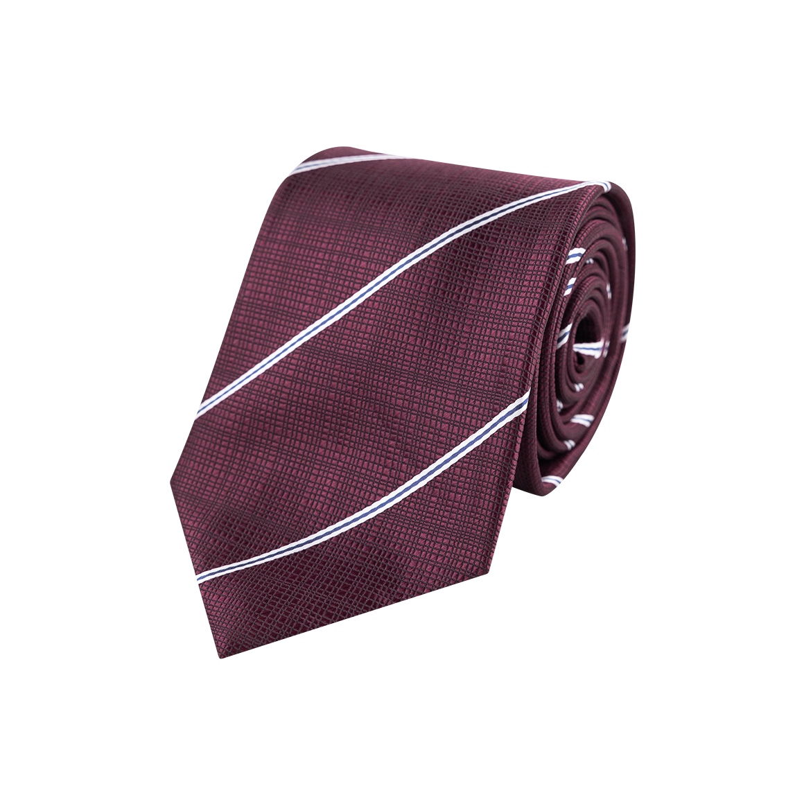 A maroon, white, and blue sideway striped tie. The pattern goes: thick maroon stripe, thin white stripe, thinner blue stripe, thin white stripe, and so on. 