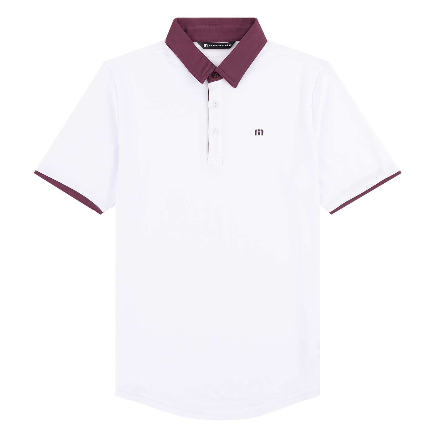 White polo with maroon collar and a maroon Travis Mathew logo on the left side of the chest.