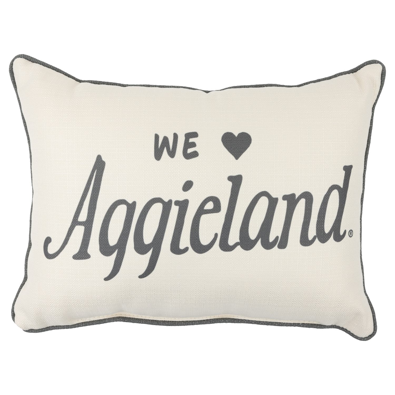 White pillow with grey outline and text We Love Aggieland Pillow with heart